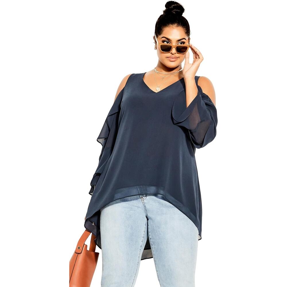 City Chic Alpine Ruffled High Low Cold Shoulder Polyester Tunic Top Size XXL - Picture 10 of 10